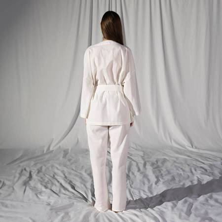 Penelope by Serli Keçoğlu Keten Uzun Kollu Kimono Beyaz L-XL - Thumbnail